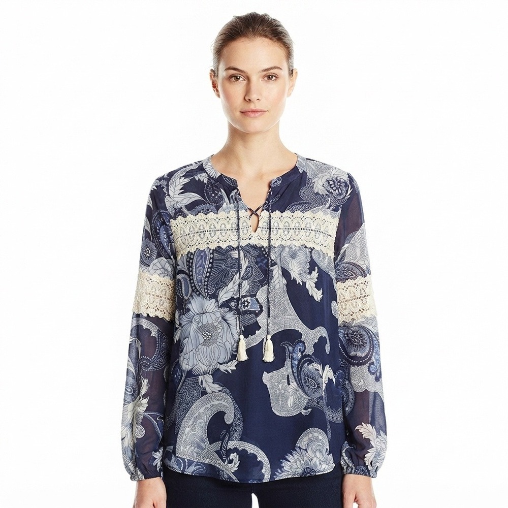 Melissa Paige Blouse Womans Large Blue Paisley Floral Crochet Tassel Peasant